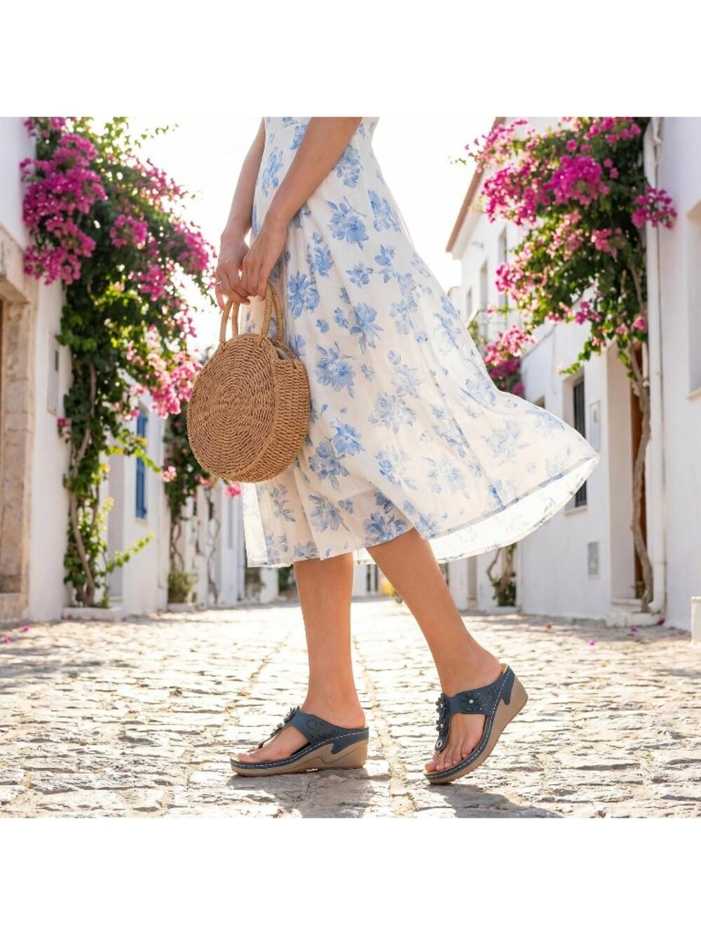 Women's Navy Blue Adjustable Strap Casual Platform Flip Flops Heels Wedge Sandal - Picture 3 of 6